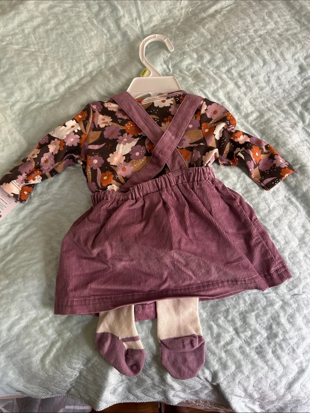 Corduroy Suspender Dress with Floral Bodysuit & Tights - Purple Floral
